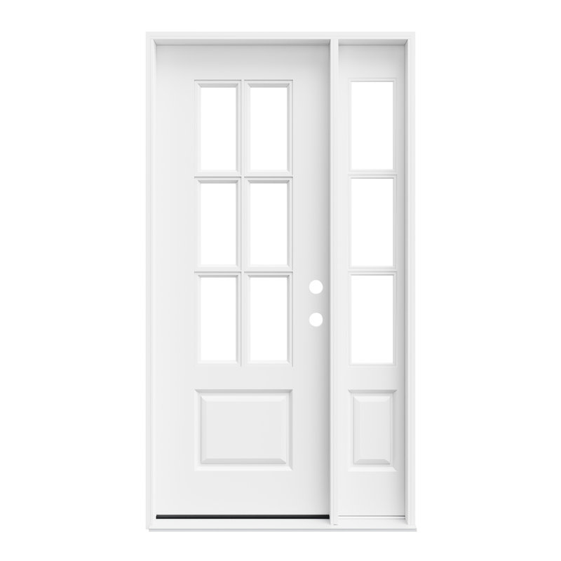 Entry Front Exterior Fiberglass Door 32" x 80" Primed White 6-Lite Clear Glass Prehung Door Fixed Single Sidelite White 3-Lite Clear Glass Door With Jamb, Left-Hand Inswing (Not Included Hardware Kit)