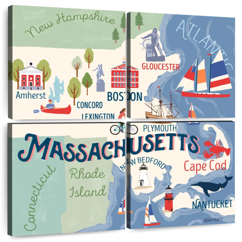 Cartes de l'État d'Aliaz - Attraits du Massachusetts, H 26 po x l 26 po