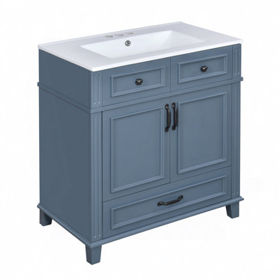 Meuble-lavabo de salle de bain avec lavabo en céramique, armoire de rangement en bois massif avec portes à fermeture douce, style rétro, bleu