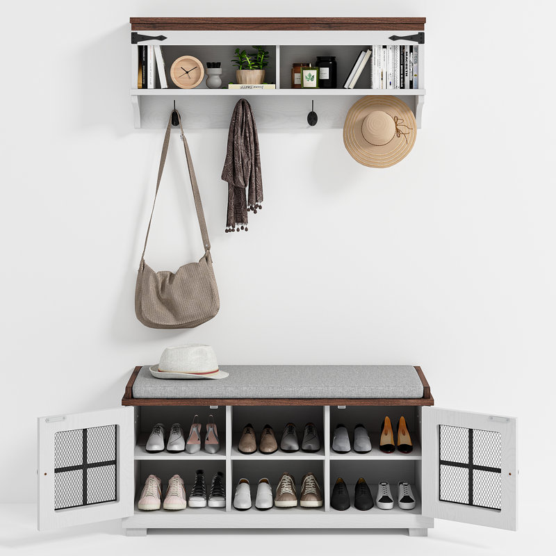 39.76" Wide Hall Tree With Bench And Shoe Storage, Entryway Bench With Soft Seat Cushion, Wall Mount Coat Rack Shoe Bench Set For Hallway