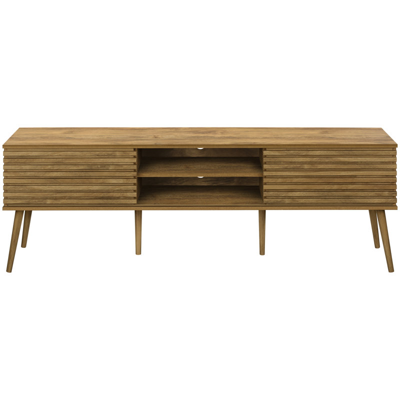 Meuble télé contemporain en noyer stratifié avec portes coulissantes et tablettes de rangement pour le salon ou la chambre à coucher
