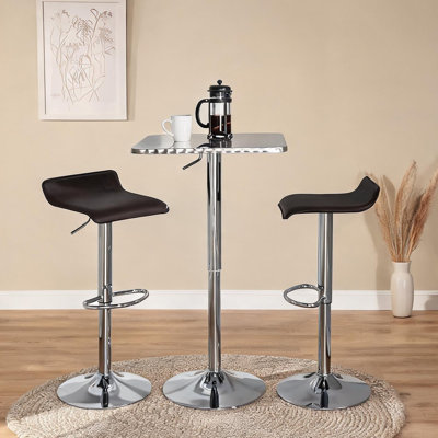 Brown PVC Adjustable Bar Set, 3-Piece Silver Metal Home Pub Table with 2 Stools, Contemporary Square Design
