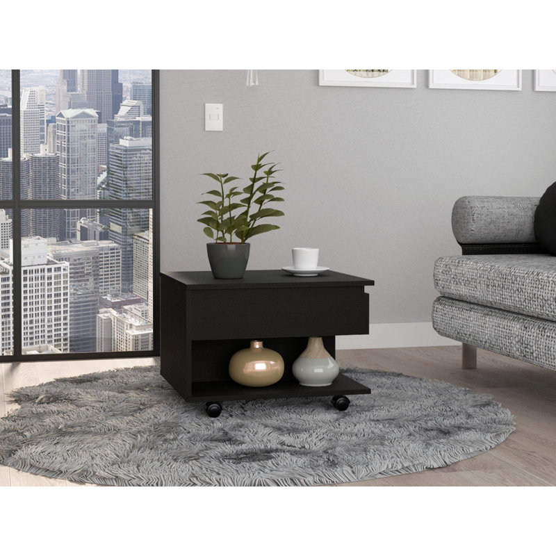 Table basse à plateau relevable Imamuddin, roulettes, une tablette, Noir, H 19,6 po x L 19,6 po x l 21,6 po