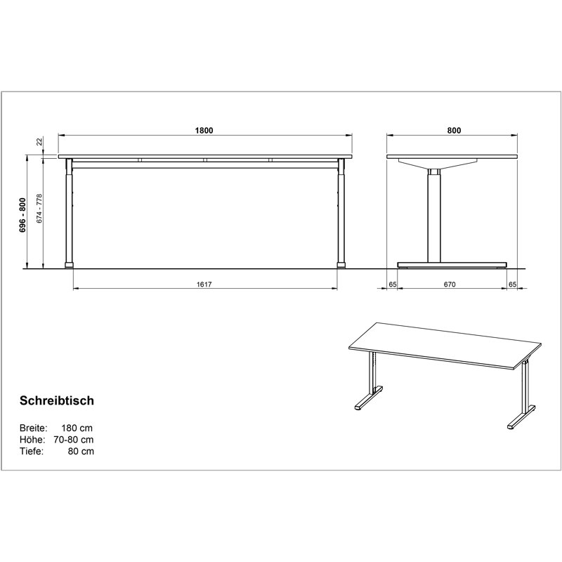 Chien Metal Base Executive Desk, Light Grey/Silver, 80cm H x 180cm W x 80cm D