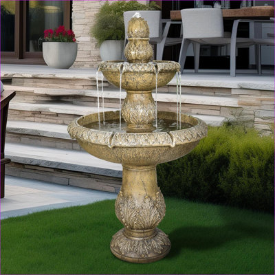 Fountains 47.2" 2-Tier Freestanding Outdoor Fountain for Garden Backyard Patio | Concrete / Cement | Waterfall Tiered Fountain