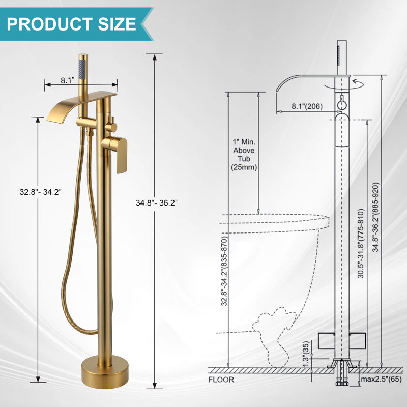 2-Handle Gold Freestanding Tub Faucet with Handshower and Waterfall Spout, Brushed Gold