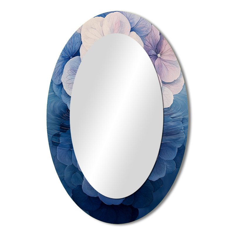 Hydrangea Ripple Effect - Grand miroir mural ovale sur métal, 36 po x 24 po