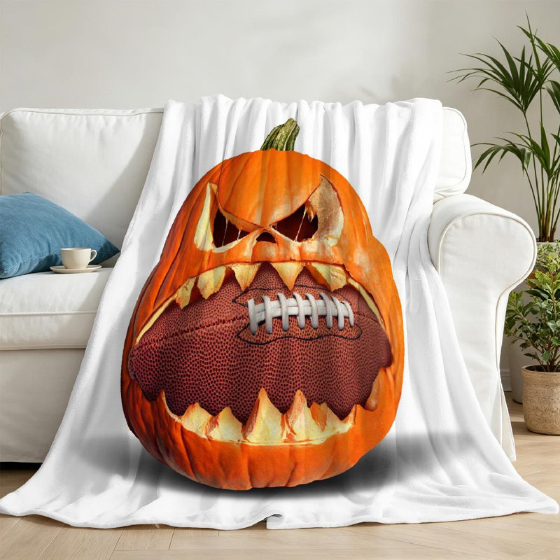 Jeté en molleton blanc ultra doux en flanelle, imprimé citrouille de football d'automne, Jeté 50 po x 60 po