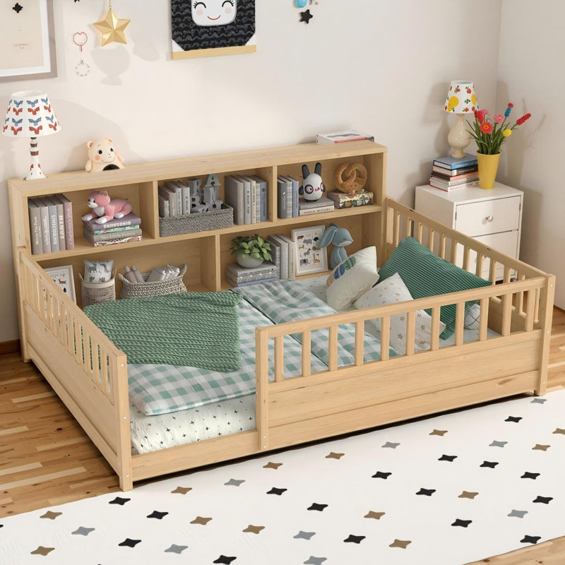 Full Size Wooden Floor Bed With Extra-High Safety Guardrails, Side Storage Decorative Function, Gold, Full