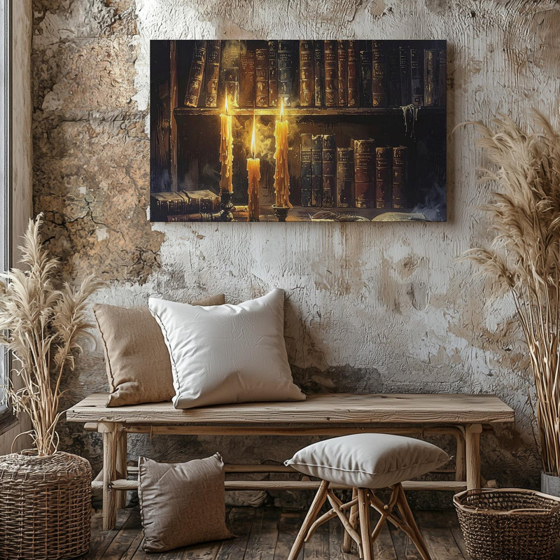 Toile arcane bibliothèque coin Moody aux chandelles Sorcery Wall Art prêt à accrocher galerie décorée décoration moderne de qualité supérieure