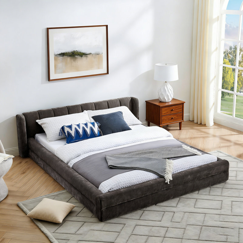 Queen Upholstered Bed Frame With Headboard, Thick Chenille Fabric & Solid Frame, Beige, Brown