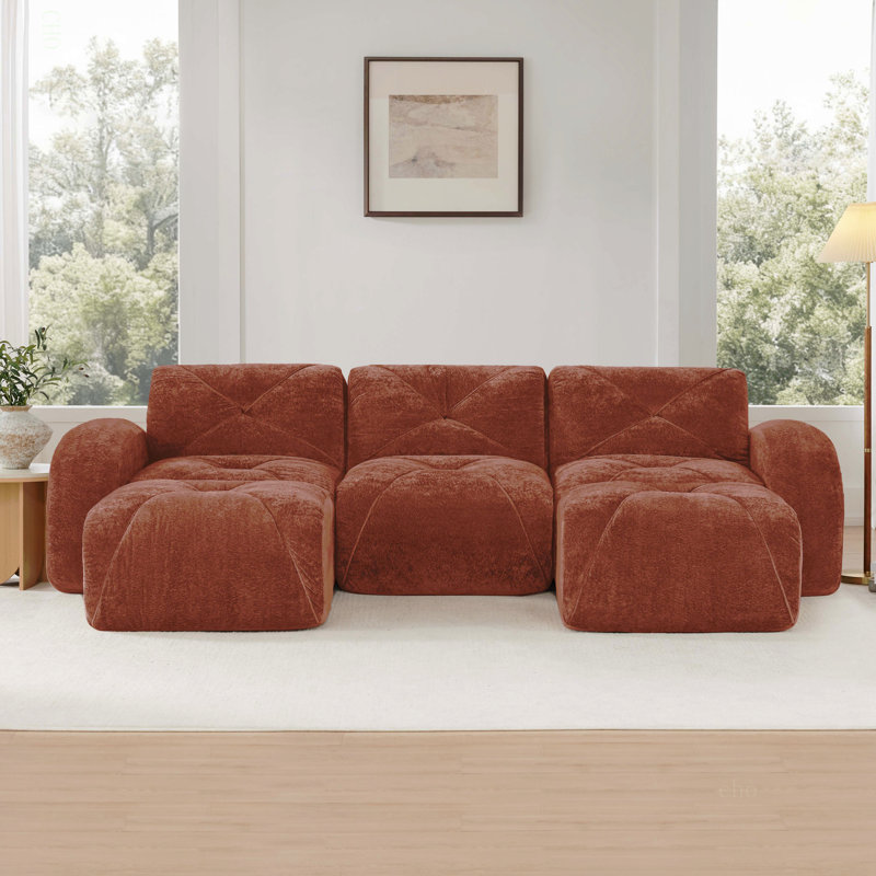 Canapé en forme de U sans os, conception capitonnée, éponge haute densité 32D, conception antidérapante inférieure, aucun assemblage requis, combinaison libre, repose-pieds mobiles pour le bureau et le cinéma maison, brun rouge