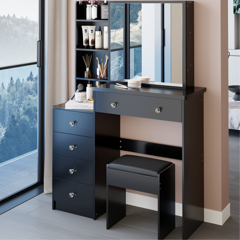 37-inch Left Bedside Vanity Table With Cushioned Stool And Large Sliding Mirror, High Capacity Storage, American Design, Black For Middle Spaces Stool, 24x22