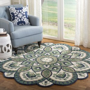 Round Melania Oriental Hand-Tufted Wool Ivory/Blue Area Rug