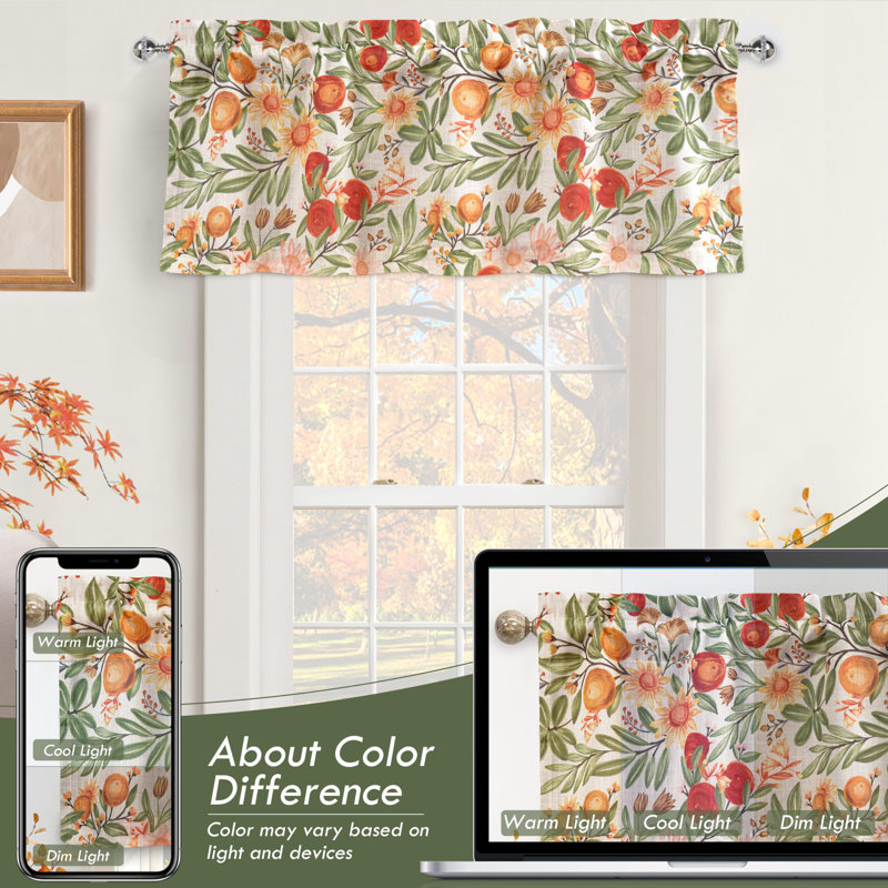 Rosalind Wheeler Orange Floral Room Darkening Valance For Kitchen Vintage Botanical Printed Lined Thermal Insulated Rod Pocket Valance For Living Room