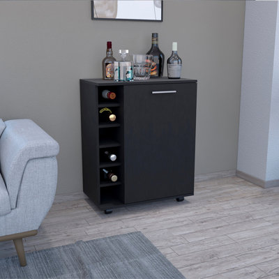 Bar -coffee cart 32" H, Kitchen or living room cabinet storage with  4 wheels, with 6 bottle racks, a central shelf covered by 1 door, ideal for storing glasses and snacks, Black