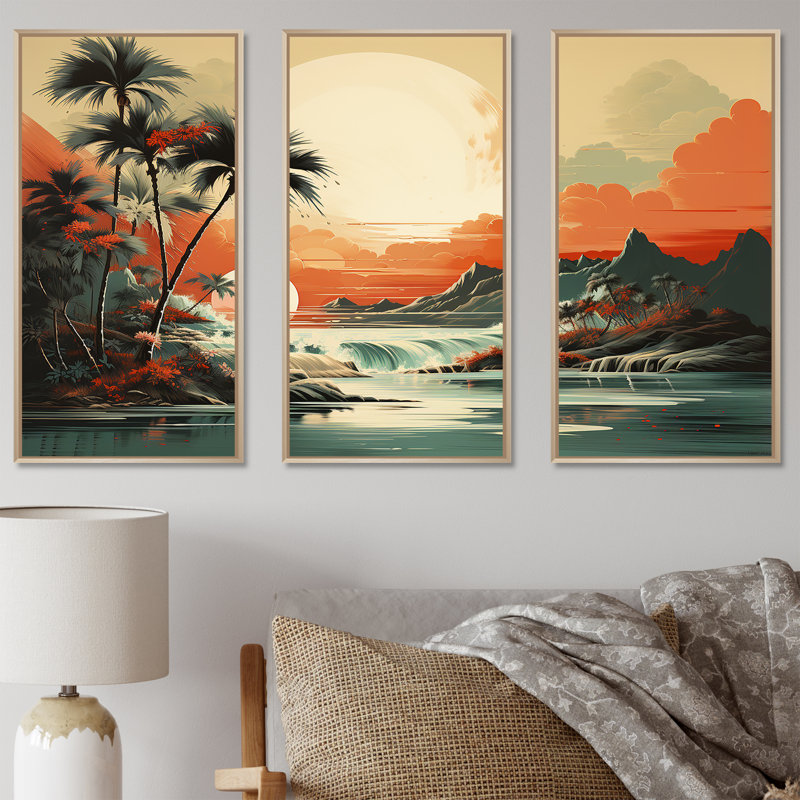 Art déco, rêves tropicaux au coucher du soleil I - Paysage abstrait, Cadre flottant brun, H 40 po x l 61 po x P 1 po