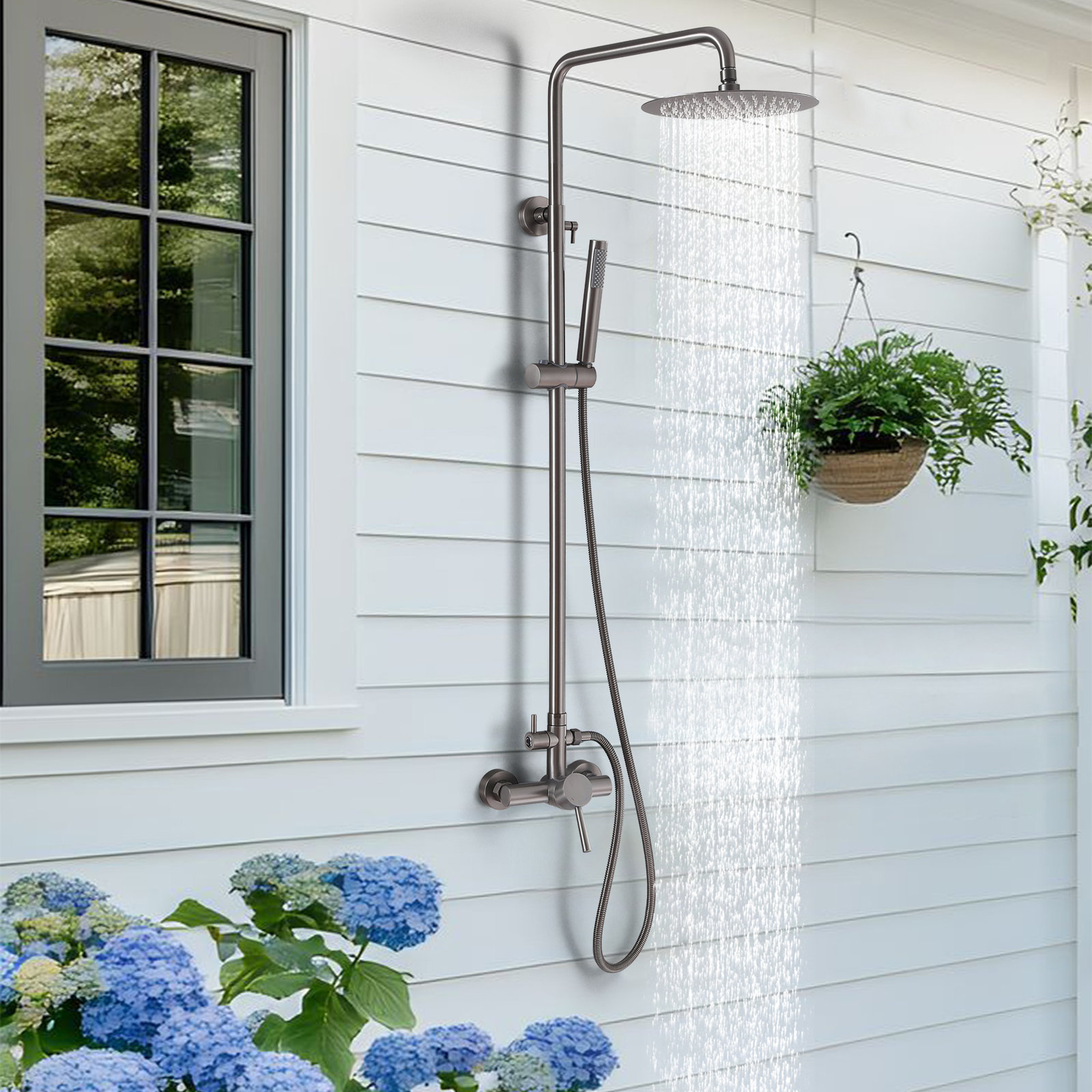 Wall Mount Outdoor Shower with Handheld, Gun Gray