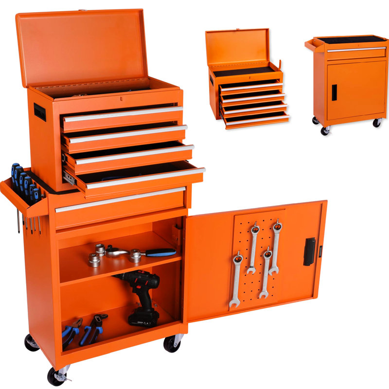 Coffre à outils d'atelier avec tiroirs réglables et serrure, Orange