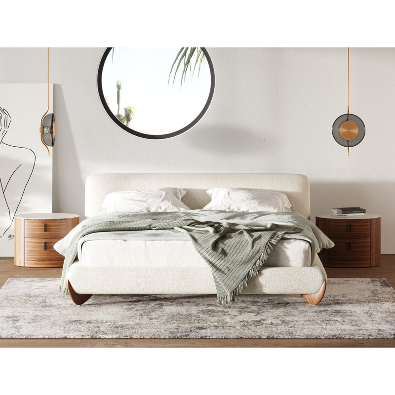 Evas - Lit contemporain en tissu crème et noyer, Très grand