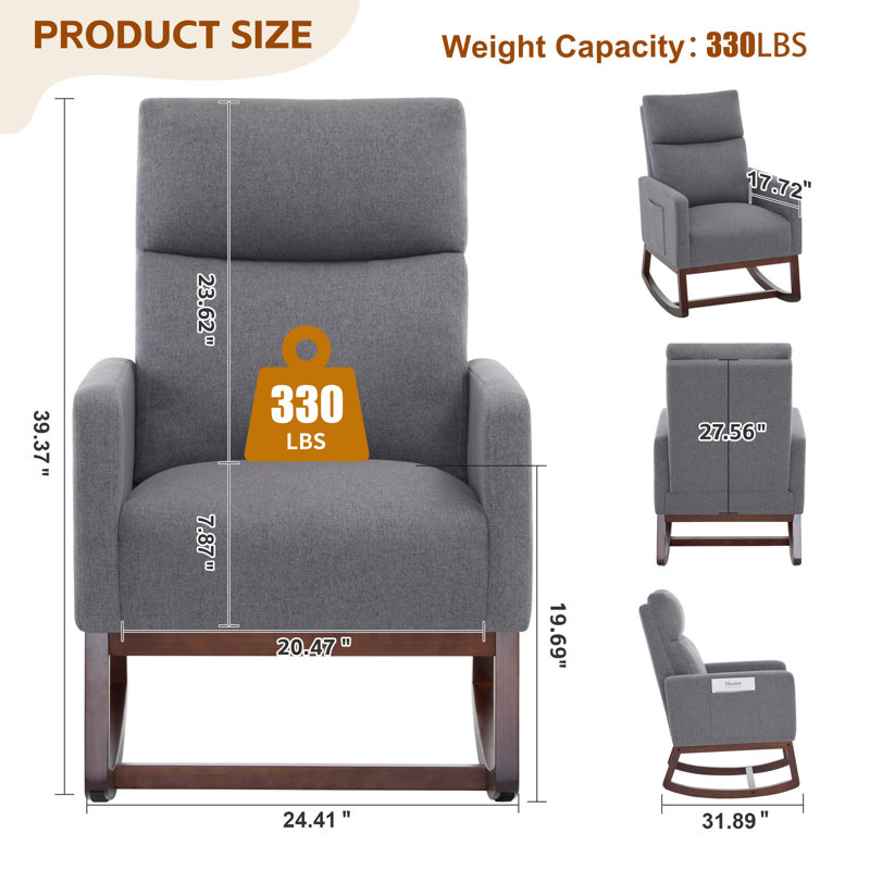 Chaise berçante pour chambre de bébé, chaise berçante coulissante en lin avec poche latérale et pieds en bois, chaise d'appoint moderne pour petit espace, salon, chambre à coucher, gris