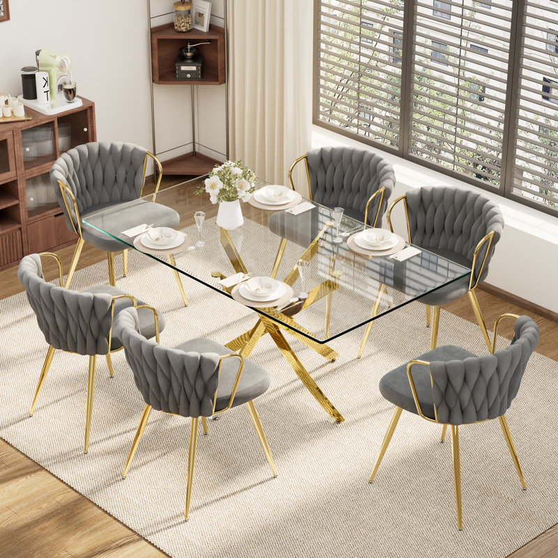 Ensemble de table à manger rectangulaire élégant pour 6 personnes, H 29,5 po x L 63 po x l 31,5 po, Gris, Doré