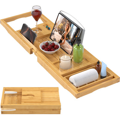 Plateau en bambou pliable pour baignoire, table de bain extensible pour baignoire - Accessoires de salle de bain naturels de qualité supérieure, cadeaux parfaits pour les couples, fête des mères et nouvelle maison