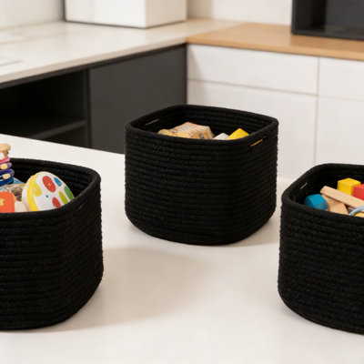 Cotton Rope Woven Storage Baskets, 3-Pack Cube Organizer Bins With Reinforced Handles For Shelves, Closets, And Home Organization