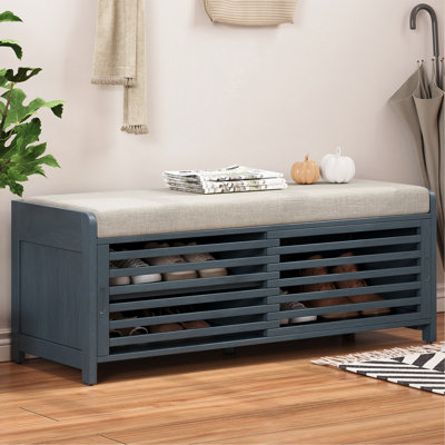 Retro Distressed Shutter Shoe Bench with Storage & Cushioned Seat | Entryway & Living Room Organizer