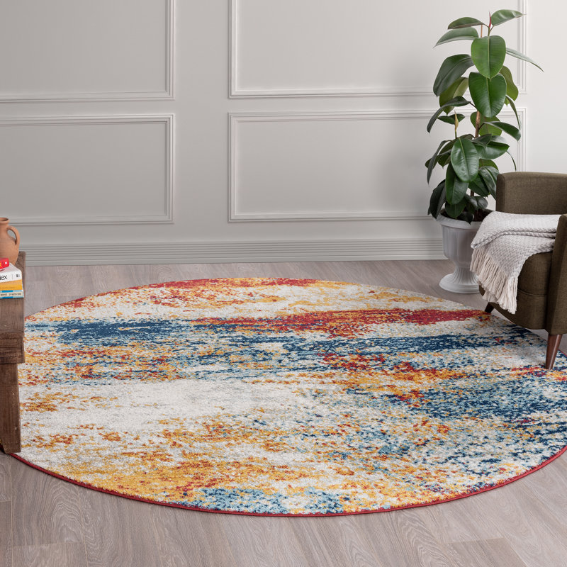Abstract Red/Blue/Gold Colorful Indoor Area Rug, Round 5'3"