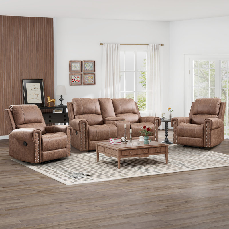 Ensemble de salon inclinable manuel en similicuir 3 pièces avec porte-gobelets et rangement, Brun