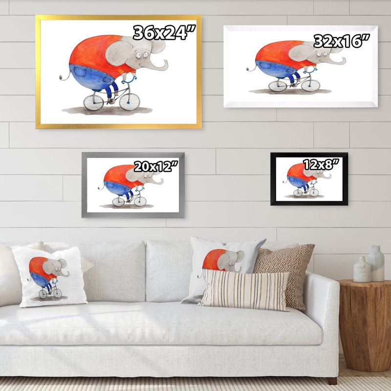 Adorable éléphant sur un vélo I - reproduction sur toile flottante, Encadrement doré, H 24 po x l 36 po x P 1 po