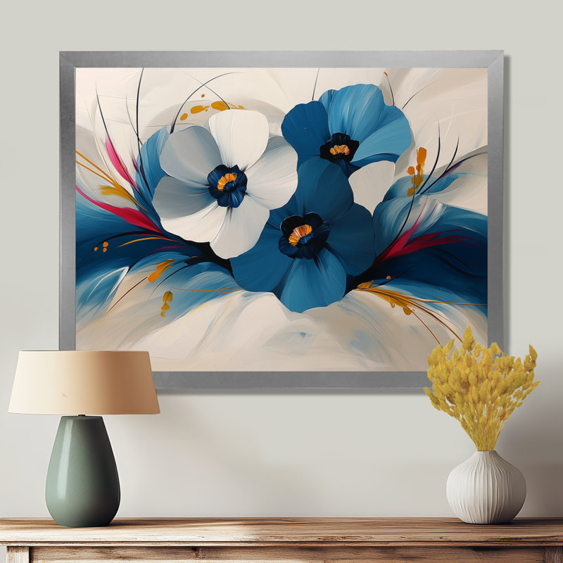 Velvet Blue Poppies Drop - Art mural coquelicots, H 12 po x l 20 po, Cadre simple argenté
