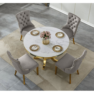 44.88" Round Dining Table Set for , Kitchen Table with Faux Marble Top, Dining Room Table & Velvet Chairs with Stainless Steel Pedestal, Piece Dining Table Set