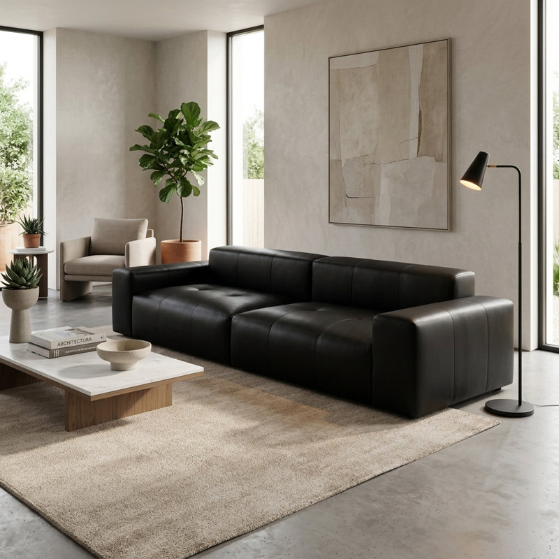 Modern Lounge Sofa with Foam-Filled Cushions, Square Arms, and Spacious Seating - Black