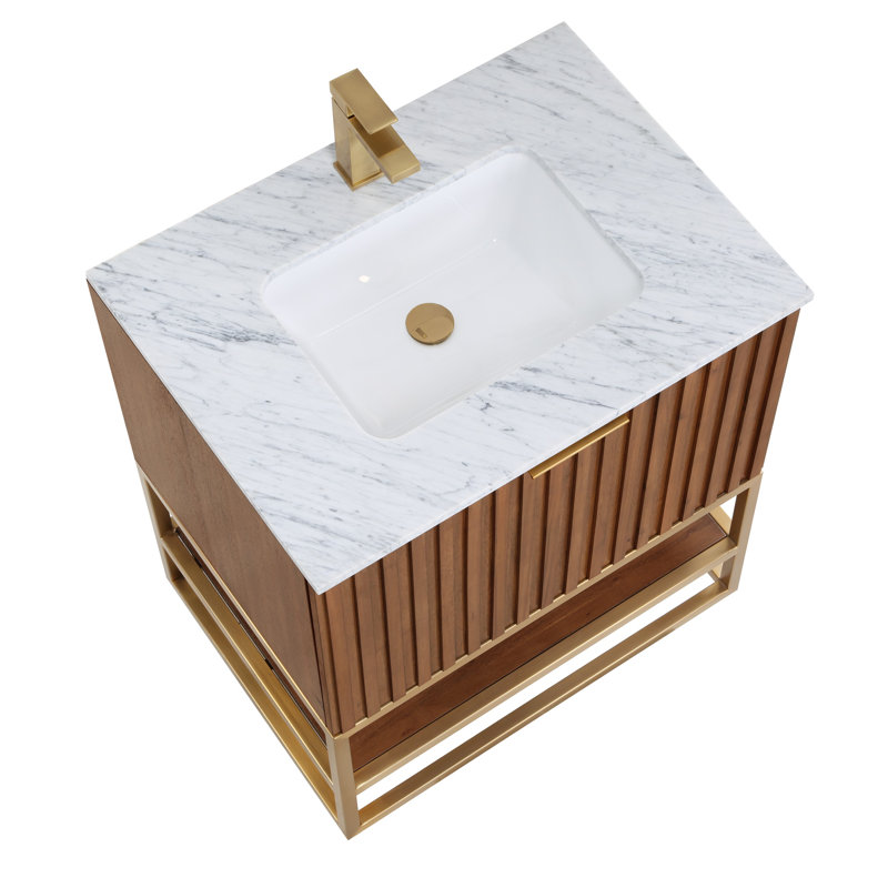 Terra 30'' W Single Vanity, Walnut, Carrara Marble/Single Faucet Mount, Satin Brass