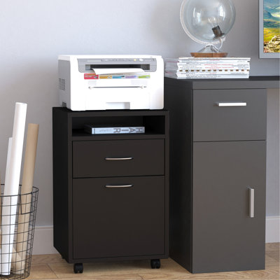 Support mobile pour imprimante avec tiroir et armoire, noir. Vaste espace de rangement pour le bureau, se déplace facilement, se range sous un bureau, support de boîte noire. Capacité, espace de bureau, construction