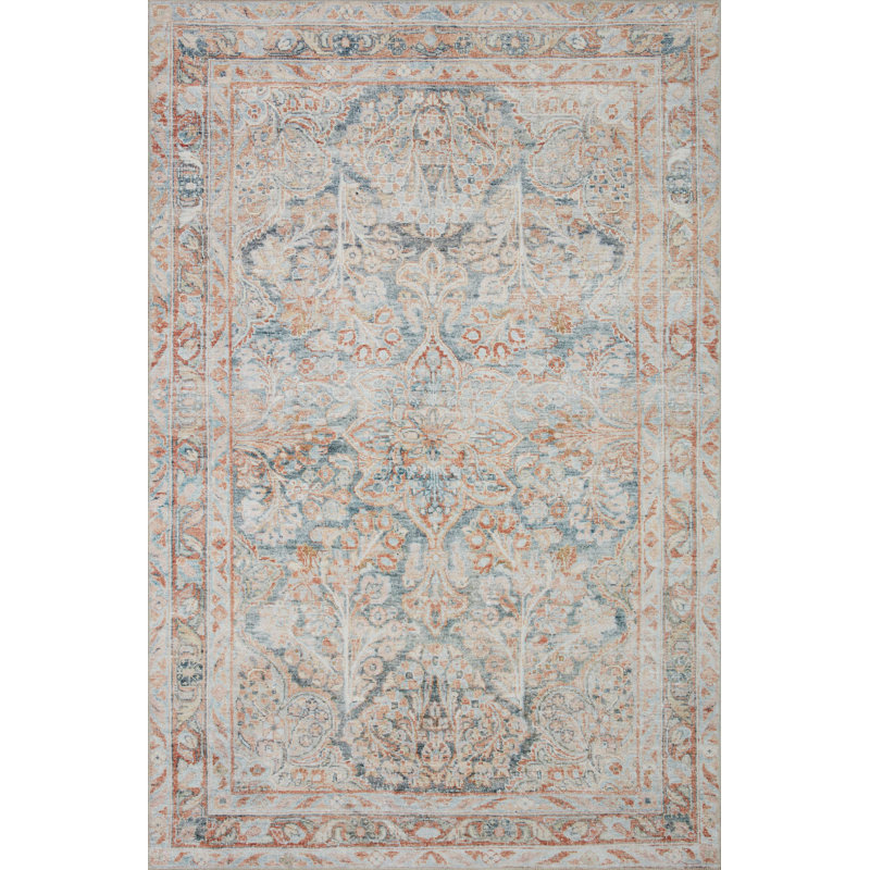 Lenna Ocean Apricot Floral Motif Low Pile Accent Rug