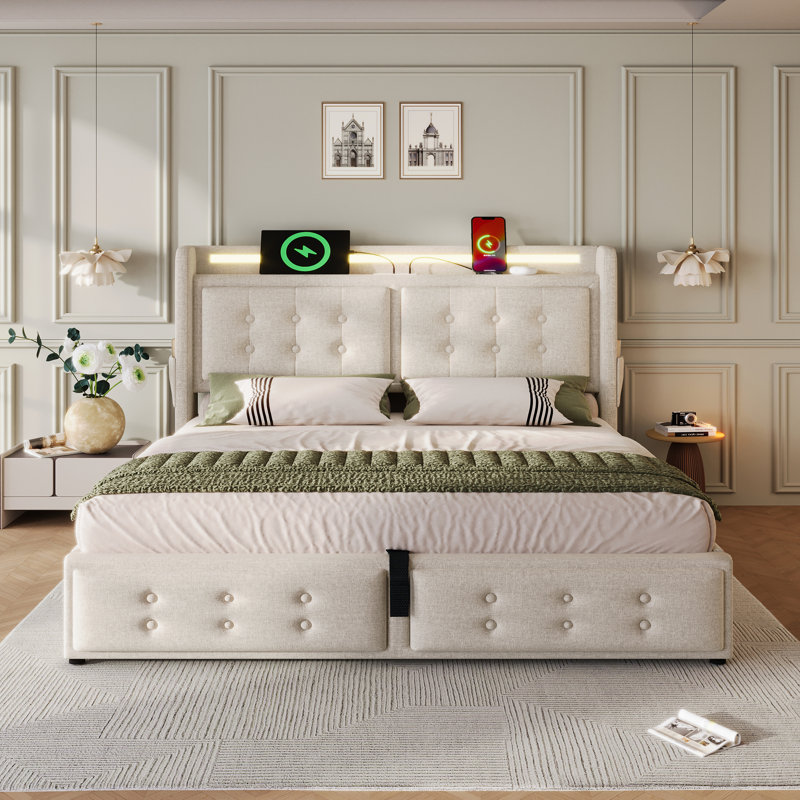 Bakki Linen Upholstered Hydraulic Bed With LED Lighting, USB Type-C Charging, Bed Box Storage, Kingsize (5'), Beige