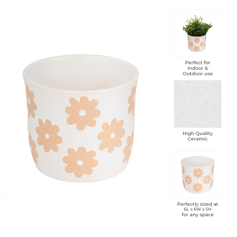 Sagebrook Home 6" Flower Power Planter, Black/White, White Tan