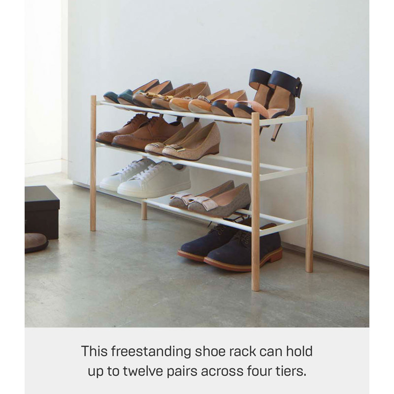 White Expandable 3-Tier Shoe Rack with Wood Accents