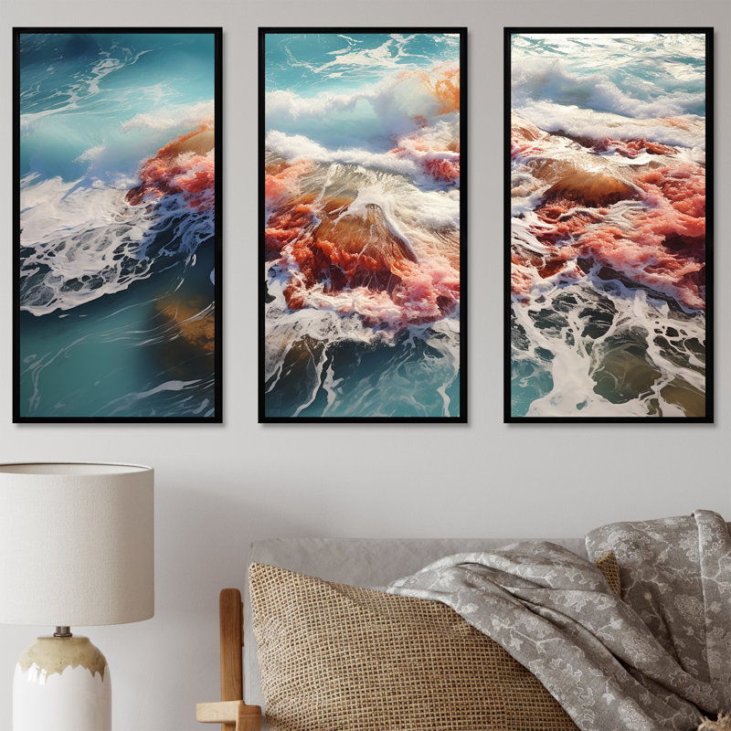 Toile corail, bord de mer, art mural plage, Cadre flottant noir, H 32 po x l 48 po x P 1 po