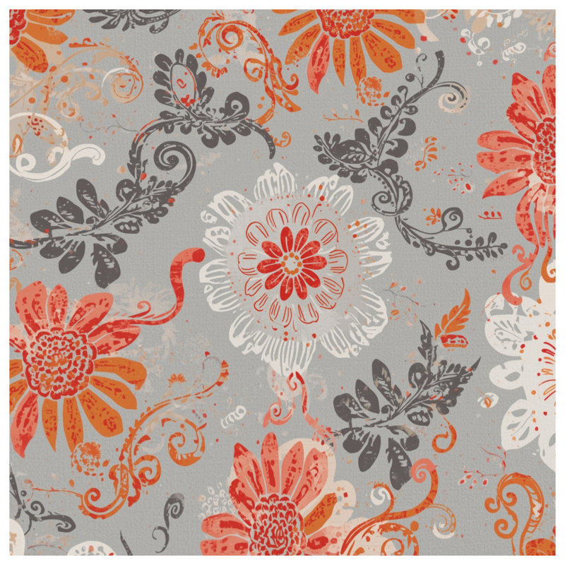 Orange Gray Floral Pattern Duvet Covers, Queen