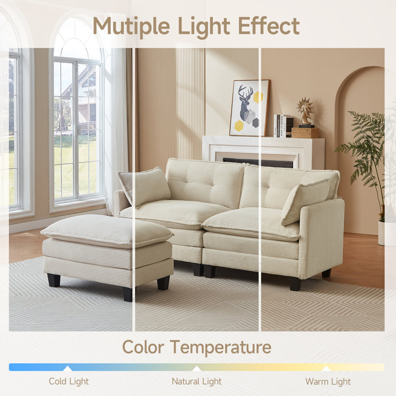 Modular Sectional Sofa, 76.5" L-shaped Corduroy Comfy Sectional Couches For Living Room, 2-seater Cloud Couches With 1 Movable Ottoman, Flexible Combination Modern Deep Seat Sofa (beige)