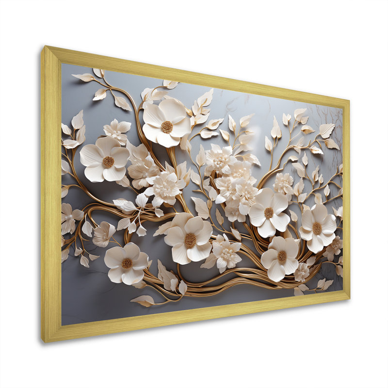 White Orchid Tree Garden Of Branches 7 - Abstract Floral Wall Art, Gold, 24" H x 32" W, Framed Print