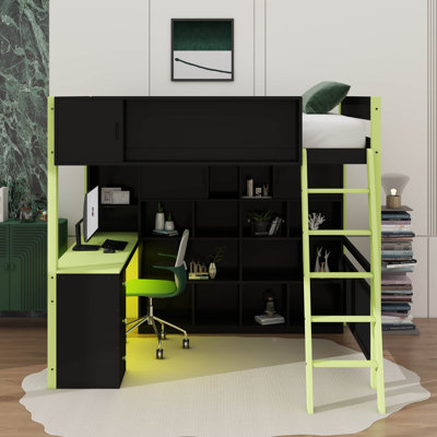 Wood Loft Bed With Desk & Storage And LED Lighting, Loft Bed With Storage Shelves, Guardrails