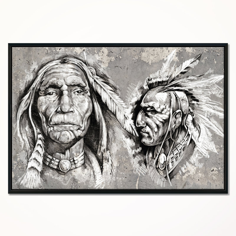 «Native American Indian Heads», impression sur toile, H 12 po x l 20 po x P 1 po, Cadre noir