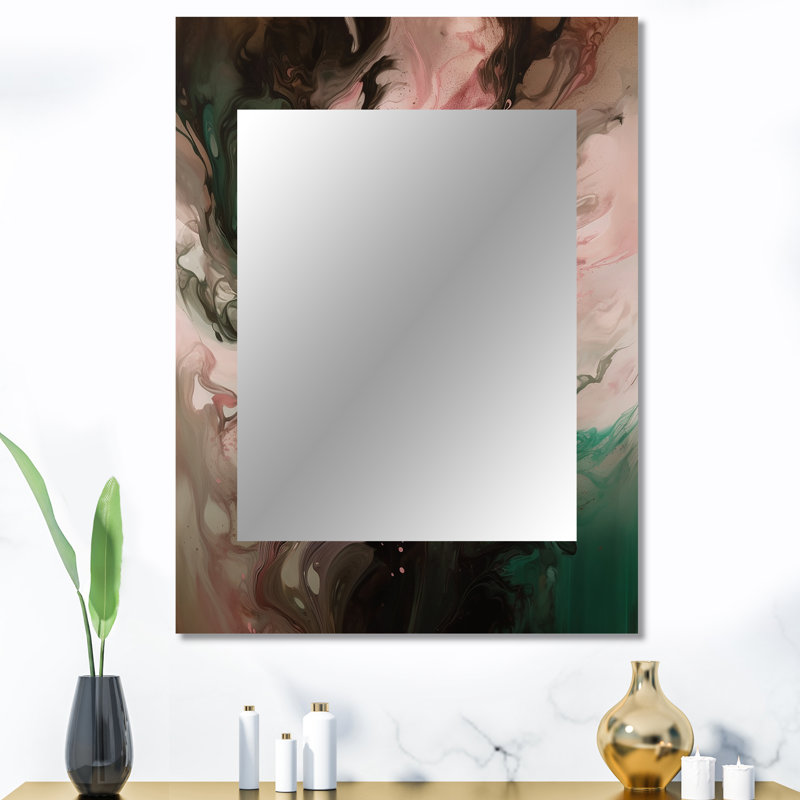 Pink Green Inner Worlds Of Marble II - Geometric Mirror, Modern Unique Wall Mirror, Printed Metal Art, 40" x 30"