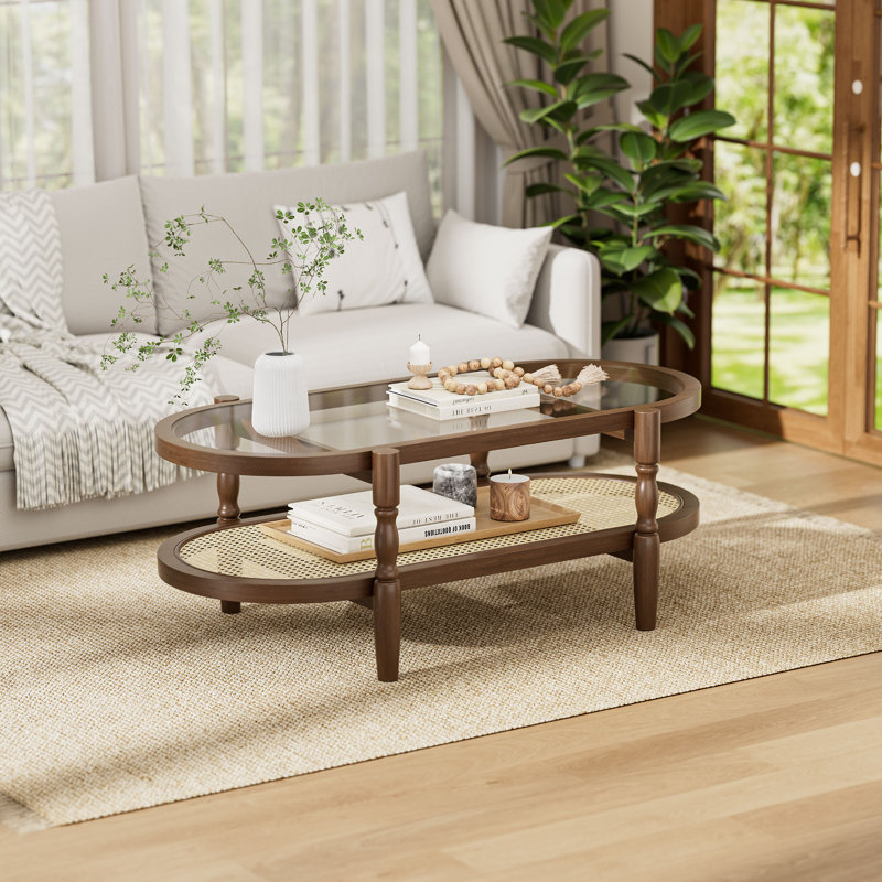 Table basse en verre avec tablette en rotin, Noyer, 48 po