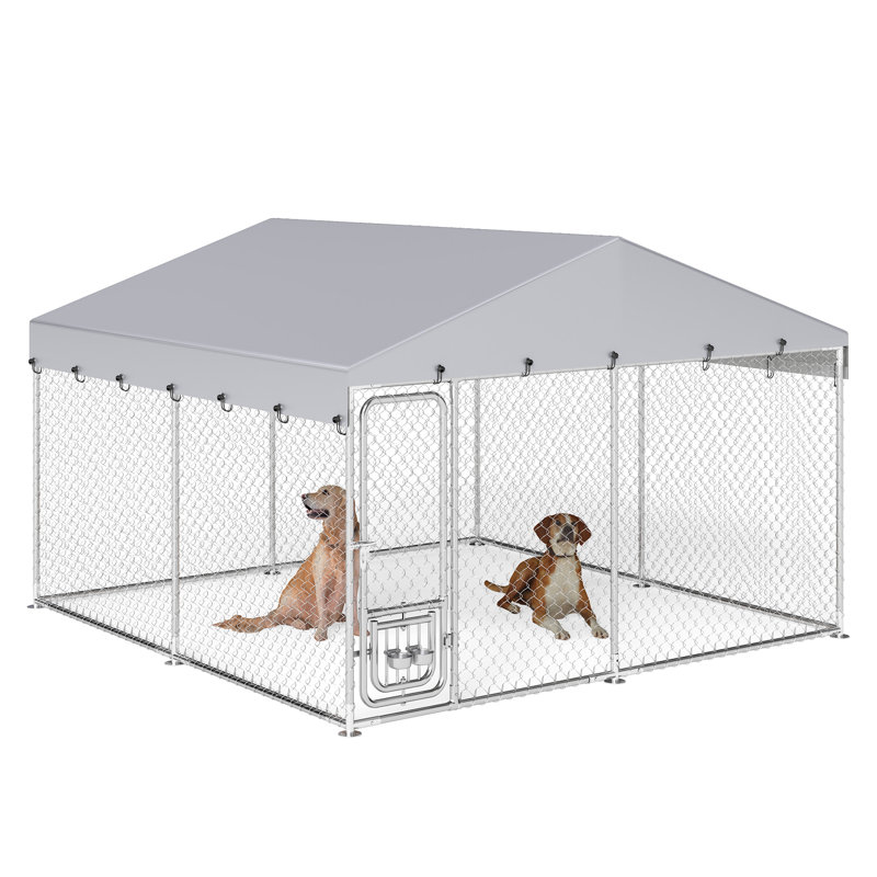 Enceinte d'extérieur pour chien de 7,5 pi x 10 pi avec toit, avec bols rotatifs